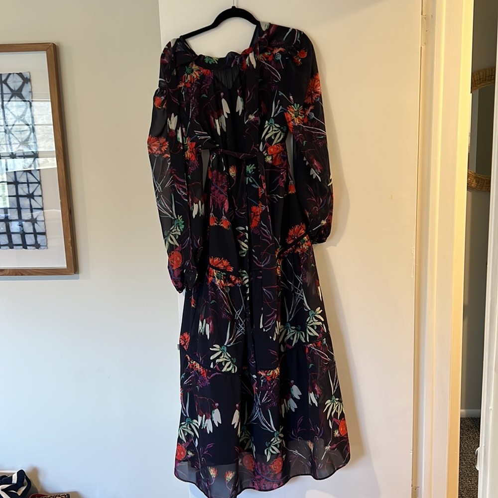ASOS Hope & Ivy long sleeve tie waist maxi dress in navy floral US 12 - Picture 4 of 7